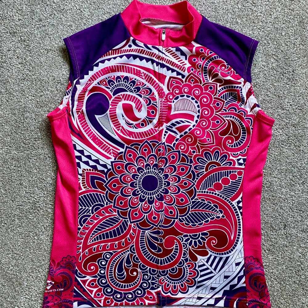 Ladies Cycling Bike Jersey, Size XS, Sleeveless, Full Zipper  Pink Purple White
